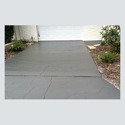 Driveway Coating Freshly paved driveway leading to a white garage door, surrounded by small plants and shrubs.